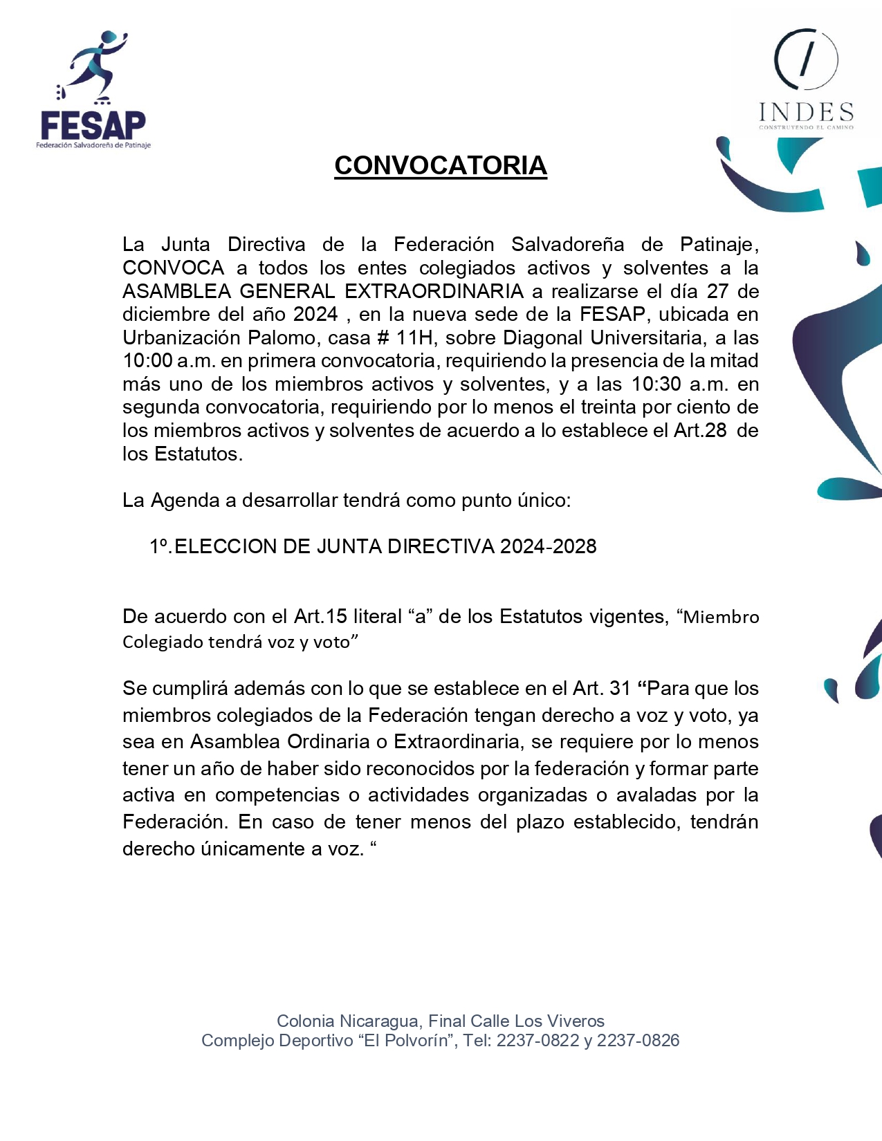 Convocatoria para Entes Colegiados, Asamblea General Extraordinaria